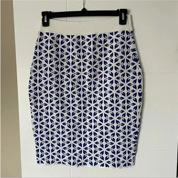 XL Brixon Ivy Blue and White Printed Fitted Pencil Skirt - Picture 1 of 3